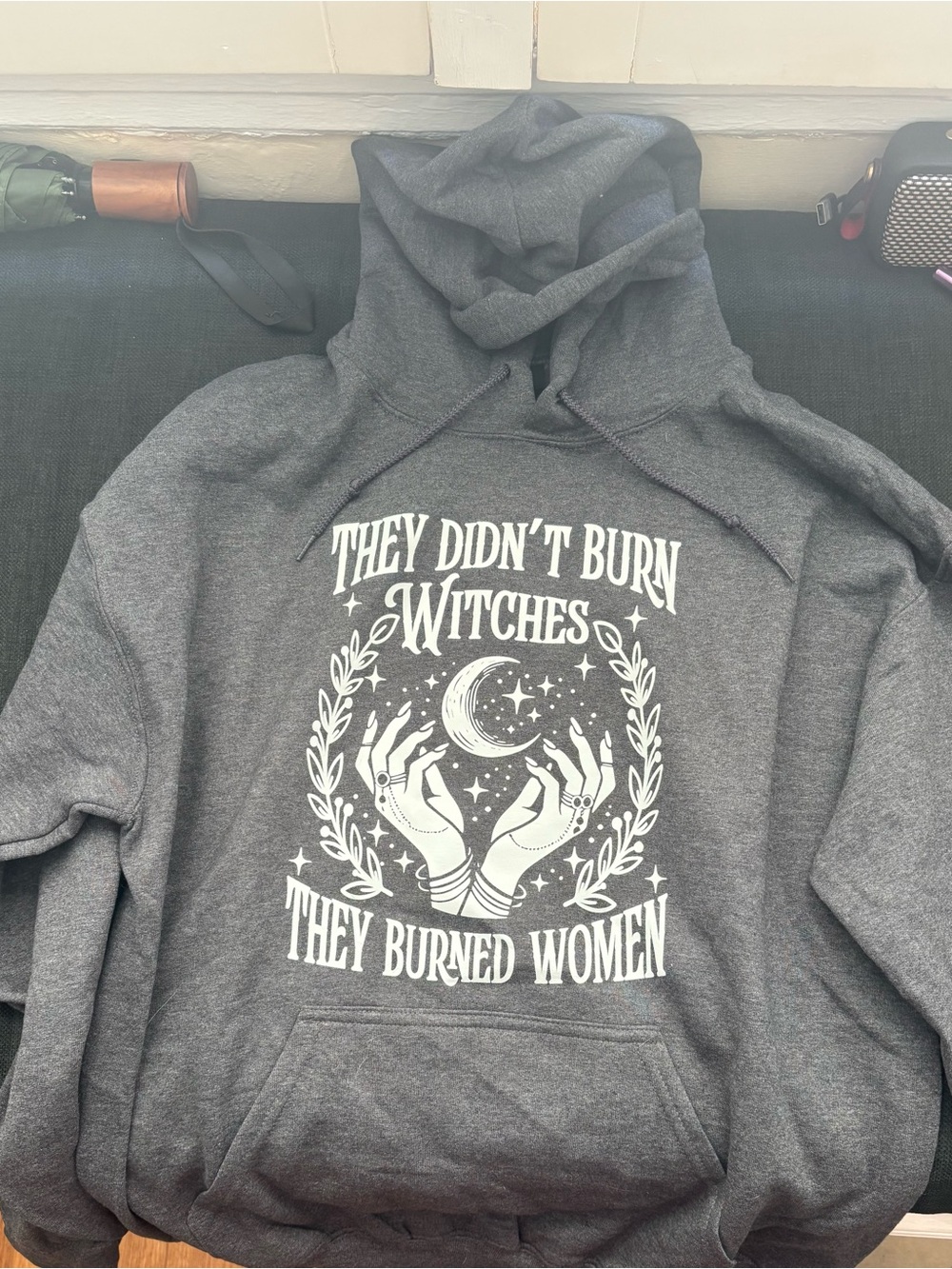 Gildan Dark Gray Pullover Hoodie with White Witch Graphic